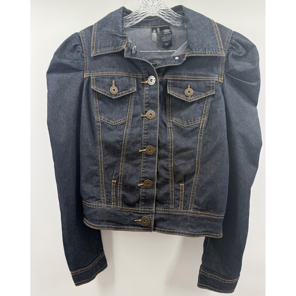 Y2K Bisou Bisou Womens Dark Wash Puff Sleeve Denim Jacket Cropped Stretch Small